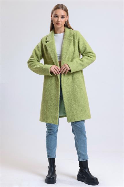 Kruvaze Yaka Çift Cepli Astarlı Oversize Buklet Kaban - Fıstık Yeşili