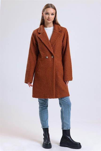 Kruvaze Yaka Çift Cepli Astarlı Oversize Buklet Kaban - Kiremit