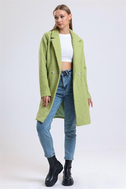 Kruvaze Yaka Çift Cepli Astarlı Oversize Buklet Kaban - Fıstık Yeşili