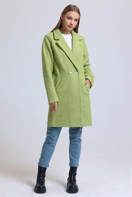 Kruvaze Yaka Çift Cepli Astarlı Oversize Buklet Kaban - Fıstık Yeşili