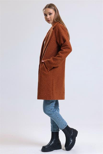 Kruvaze Yaka Çift Cepli Astarlı Oversize Buklet Kaban - Kiremit