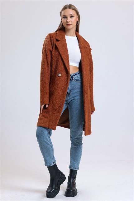 Kruvaze Yaka Çift Cepli Astarlı Oversize Buklet Kaban - Kiremit