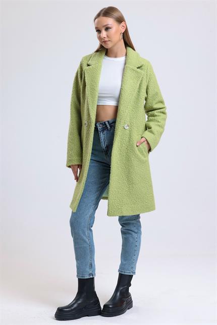 Kruvaze Yaka Çift Cepli Astarlı Oversize Buklet Kaban - Fıstık Yeşili