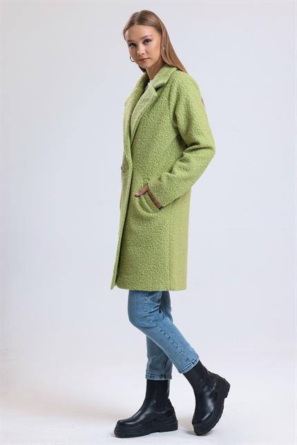 Kruvaze Yaka Çift Cepli Astarlı Oversize Buklet Kaban - Fıstık Yeşili