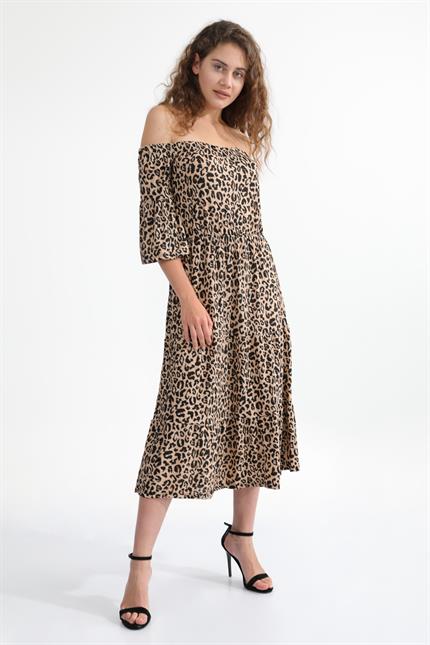 Madonna Yaka Leopar Desenli Volan Kollu Elbise - Kahve
