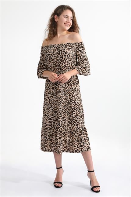 Madonna Yaka Leopar Desenli Volan Kollu Elbise - Kahve