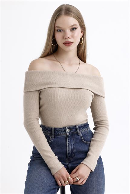 Madonna Yaka Şardonlu Fitilli Kazak - Bej