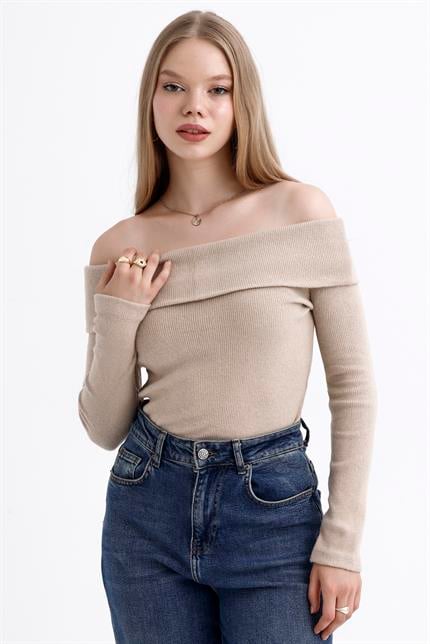 Madonna Yaka Şardonlu Fitilli Kazak - Bej