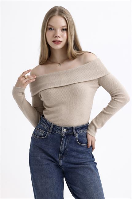 Madonna Yaka Şardonlu Fitilli Kazak - Bej