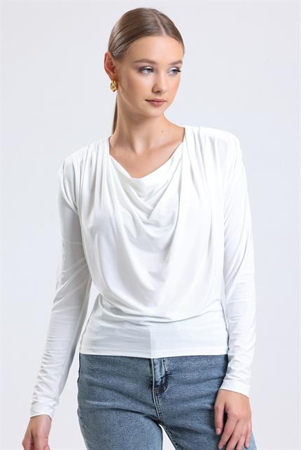 Omuz Vatkalı Degaje Yaka Dökümlü Bluz - Ekru