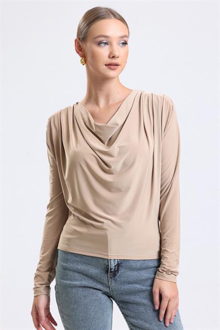 Omuz Vatkalı Degaje Yaka Dökümlü Bluz - Vizon