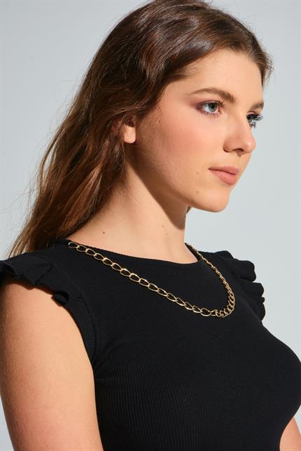 Omuz Volanlı Zincir Kolyeli Kolsuz Fitilli Crop Bluz - Siyah