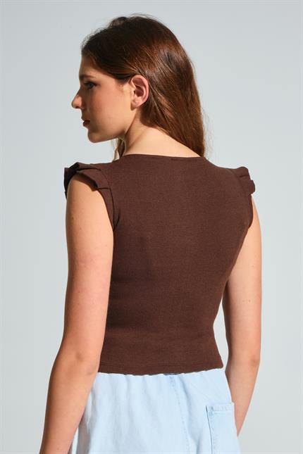 Omuz Volanlı Zincir Kolyeli Kolsuz Fitilli Crop Bluz - Kahve