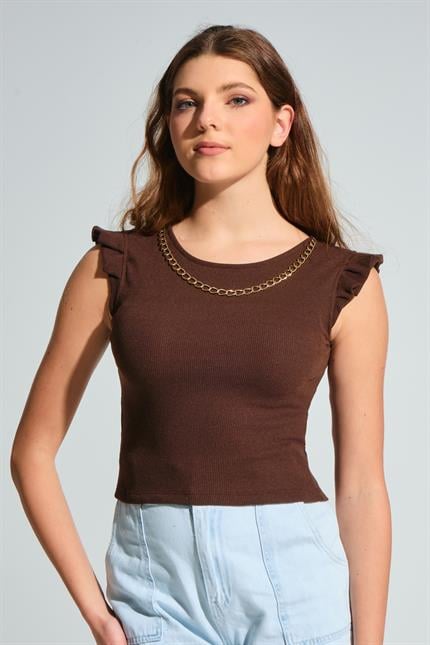 Omuz Volanlı Zincir Kolyeli Kolsuz Fitilli Crop Bluz - Kahve