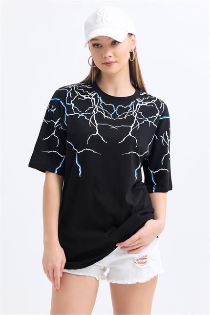 Ön ve Kol Şimşek Baskılı Pamuklu Oversize Tişört - Siyah