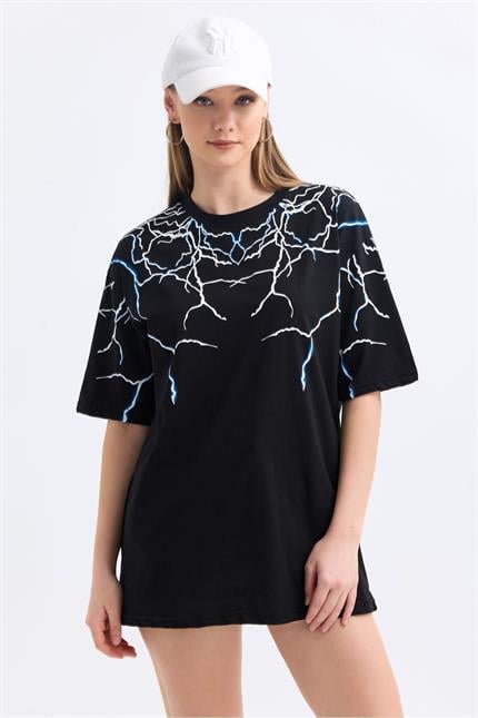 Ön ve Kol Şimşek Baskılı Pamuklu Oversize Tişört - Siyah