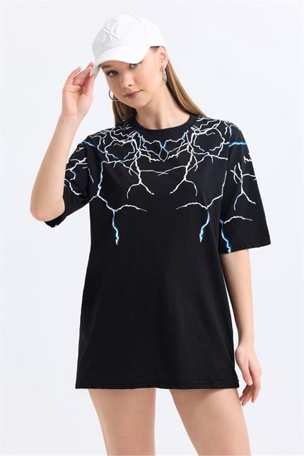 Ön ve Kol Şimşek Baskılı Pamuklu Oversize Tişört - Siyah