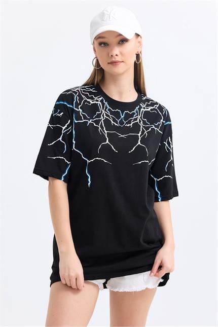 Ön ve Kol Şimşek Baskılı Pamuklu Oversize Tişört - Siyah