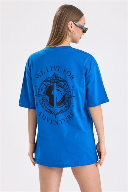 Ön Ve Sırt Adventure Baskılı Pamuklu Oversize Tişört - Mavi