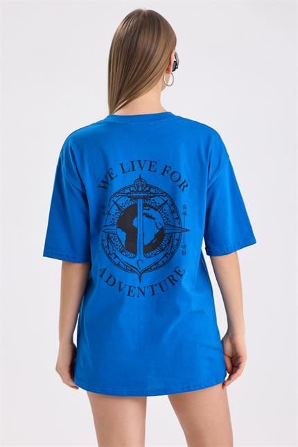 Ön Ve Sırt Adventure Baskılı Pamuklu Oversize Tişört - Mavi