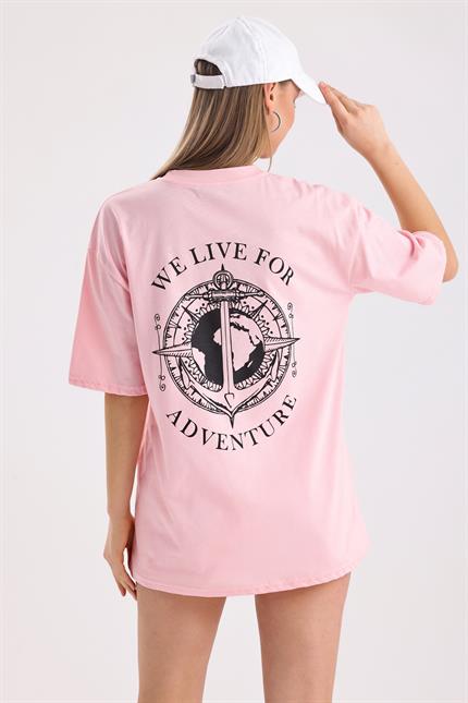 Ön Ve Sırt Adventure Baskılı Pamuklu Oversize Tişört - Pembe