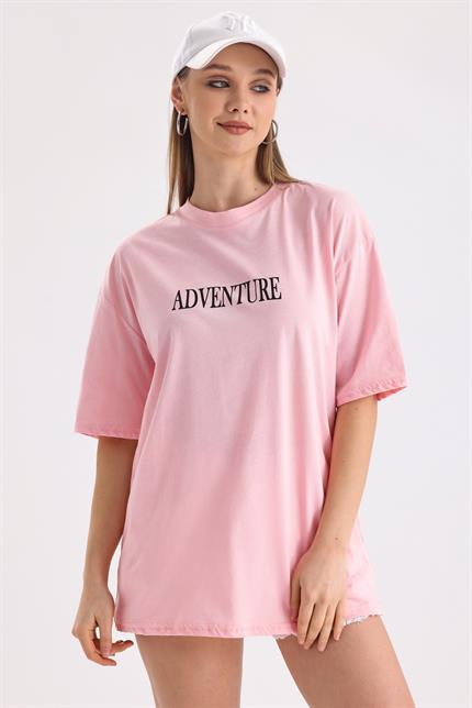 Ön Ve Sırt Adventure Baskılı Pamuklu Oversize Tişört - Pembe