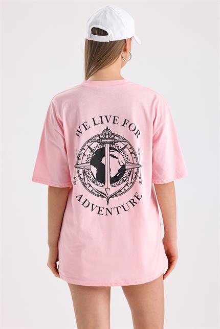 Ön Ve Sırt Adventure Baskılı Pamuklu Oversize Tişört - Pembe