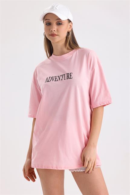 Ön Ve Sırt Adventure Baskılı Pamuklu Oversize Tişört - Pembe