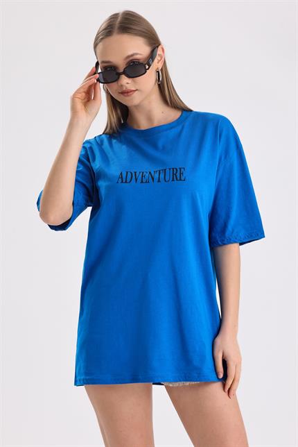 Ön Ve Sırt Adventure Baskılı Pamuklu Oversize Tişört - Mavi
