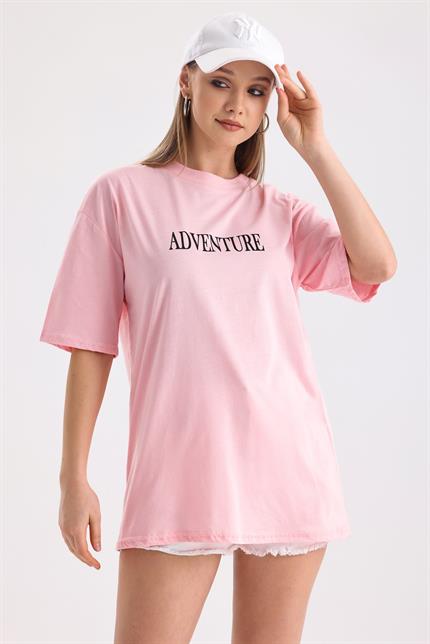 Ön Ve Sırt Adventure Baskılı Pamuklu Oversize Tişört - Pembe
