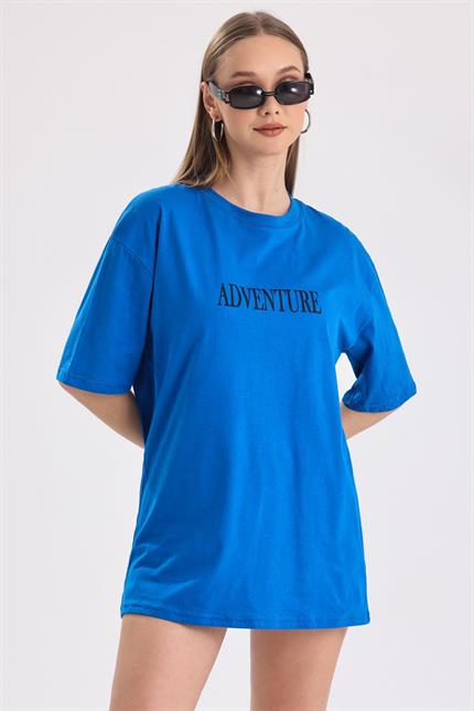 Ön Ve Sırt Adventure Baskılı Pamuklu Oversize Tişört - Mavi
