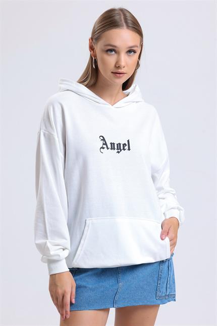 Ön Ve Sırt Angel Baskılı Kanguru Cepli Kapüşonlu Oversize Sweatshirt - Ekru