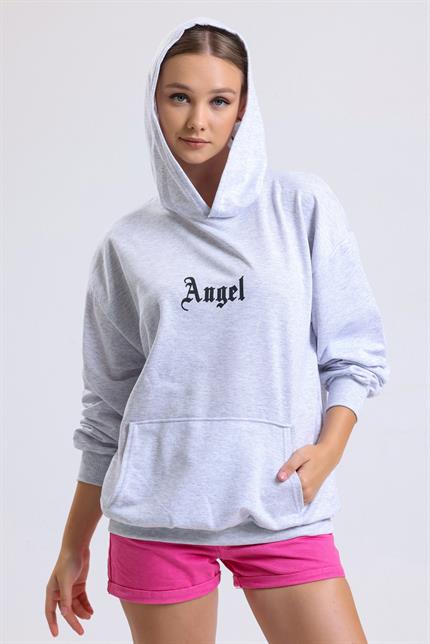 Ön Ve Sırt Angel Baskılı Kanguru Cepli Kapüşonlu Oversize Sweatshirt - Gri