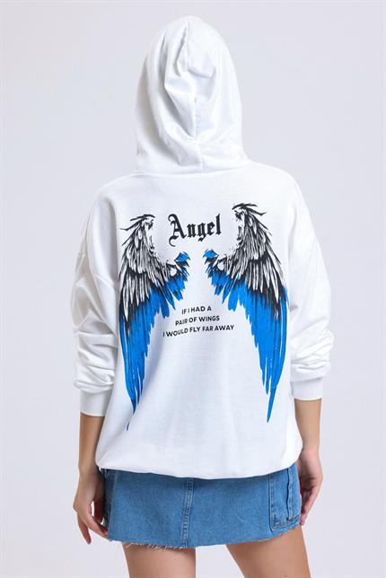 Ön Ve Sırt Angel Baskılı Kanguru Cepli Kapüşonlu Oversize Sweatshirt - Ekru