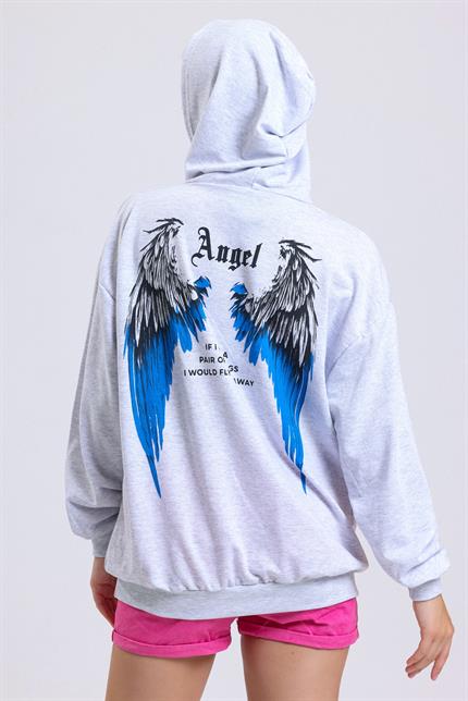 Ön Ve Sırt Angel Baskılı Kanguru Cepli Kapüşonlu Oversize Sweatshirt - Gri