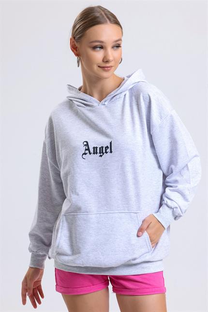 Ön Ve Sırt Angel Baskılı Kanguru Cepli Kapüşonlu Oversize Sweatshirt - Gri