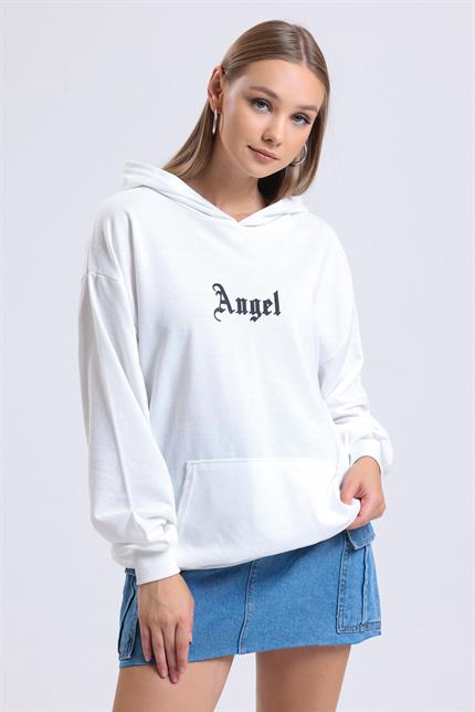 Ön Ve Sırt Angel Baskılı Kanguru Cepli Kapüşonlu Oversize Sweatshirt - Ekru