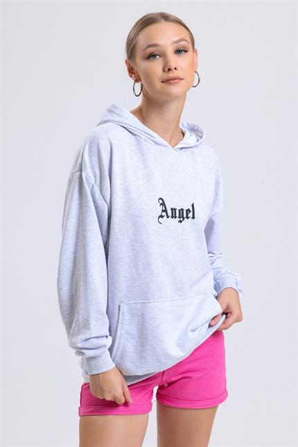 Ön Ve Sırt Angel Baskılı Kanguru Cepli Kapüşonlu Oversize Sweatshirt - Gri
