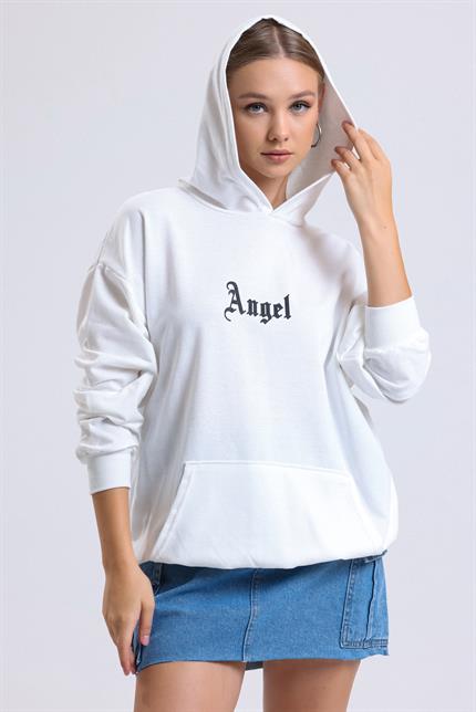 Ön Ve Sırt Angel Baskılı Kanguru Cepli Kapüşonlu Oversize Sweatshirt - Ekru