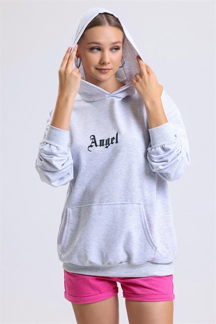Ön Ve Sırt Angel Baskılı Kanguru Cepli Kapüşonlu Oversize Sweatshirt - Gri