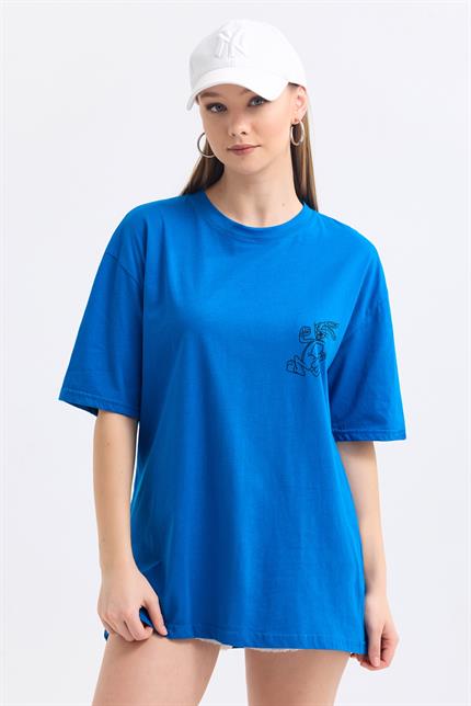 Ön Ve Sırt Buggs Bunny Baskılı Pamuklu Oversize Tişört - Mavi