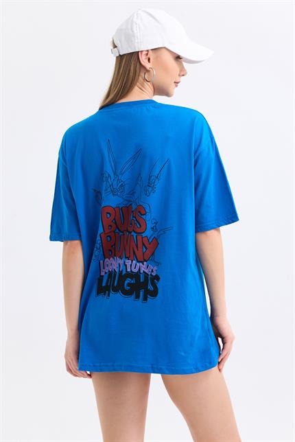 Ön Ve Sırt Buggs Bunny Baskılı Pamuklu Oversize Tişört - Mavi