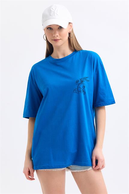 Ön Ve Sırt Buggs Bunny Baskılı Pamuklu Oversize Tişört - Mavi