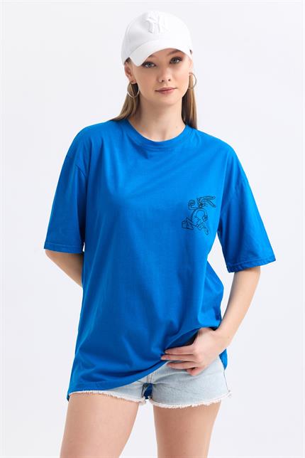 Ön Ve Sırt Buggs Bunny Baskılı Pamuklu Oversize Tişört - Mavi