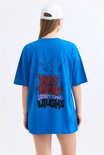 Ön Ve Sırt Buggs Bunny Baskılı Pamuklu Oversize Tişört - Mavi
