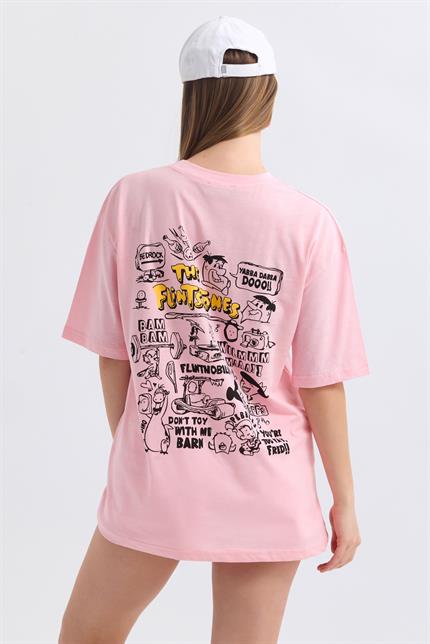 Ön Ve Sırt Flinstone Baskılı Pamuklu Oversize Tişört - Pembe