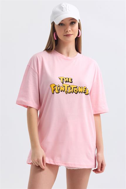 Ön Ve Sırt Flinstone Baskılı Pamuklu Oversize Tişört - Pembe