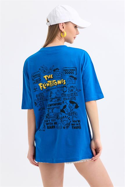 Ön Ve Sırt Flinstone Baskılı Pamuklu Oversize Tişört - Mavi
