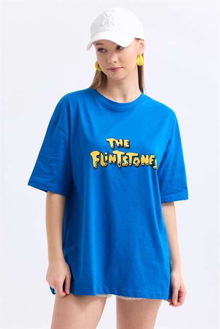 Ön Ve Sırt Flinstone Baskılı Pamuklu Oversize Tişört - Mavi