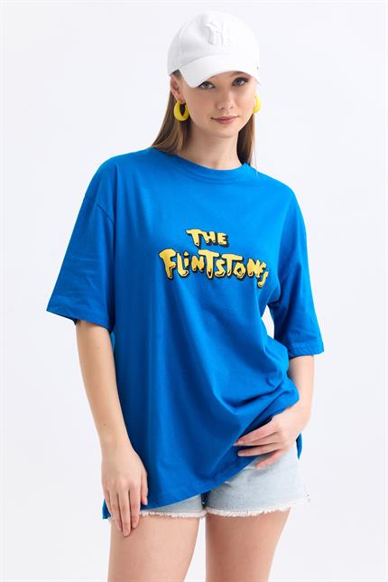 Ön Ve Sırt Flinstone Baskılı Pamuklu Oversize Tişört - Mavi